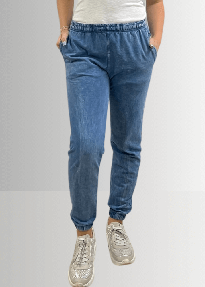 USA Made Women's Casual Cotton French Terry Mineral Washed Light Denim Blue Joggers with Side Pockets and Drawstring Waist | Classy Cozy Cool Made in America Boutique