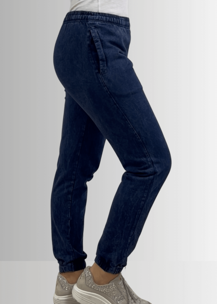 USA Made Women's Casual Cotton French Terry Mineral Washed Dark Denim Blue Joggers with Side Pockets and Drawstring Waist | Classy Cozy Cool Made in America Boutique