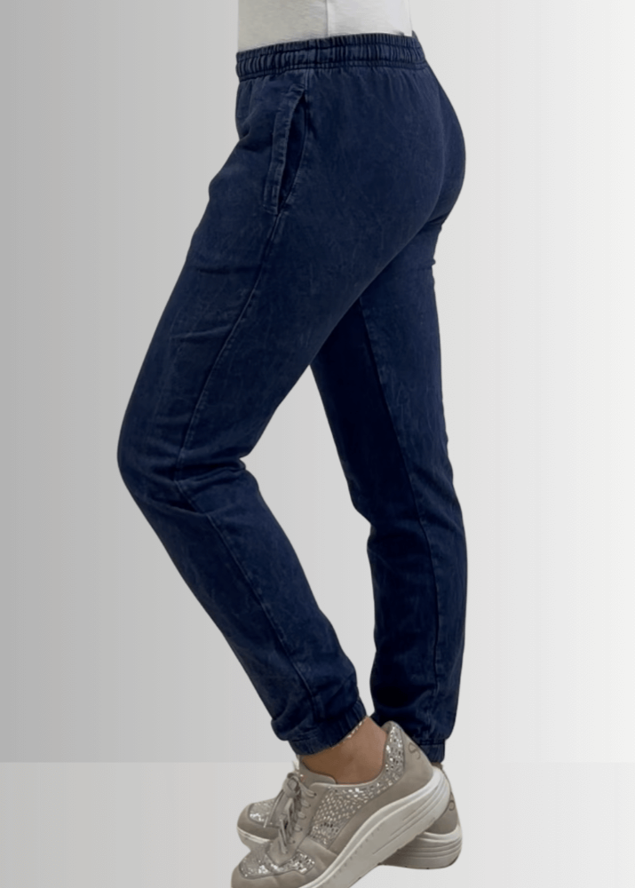 USA Made Women's Casual Cotton French Terry Mineral Washed Dark Denim Blue Joggers with Side Pockets and Drawstring Waist | Classy Cozy Cool Made in America Boutique