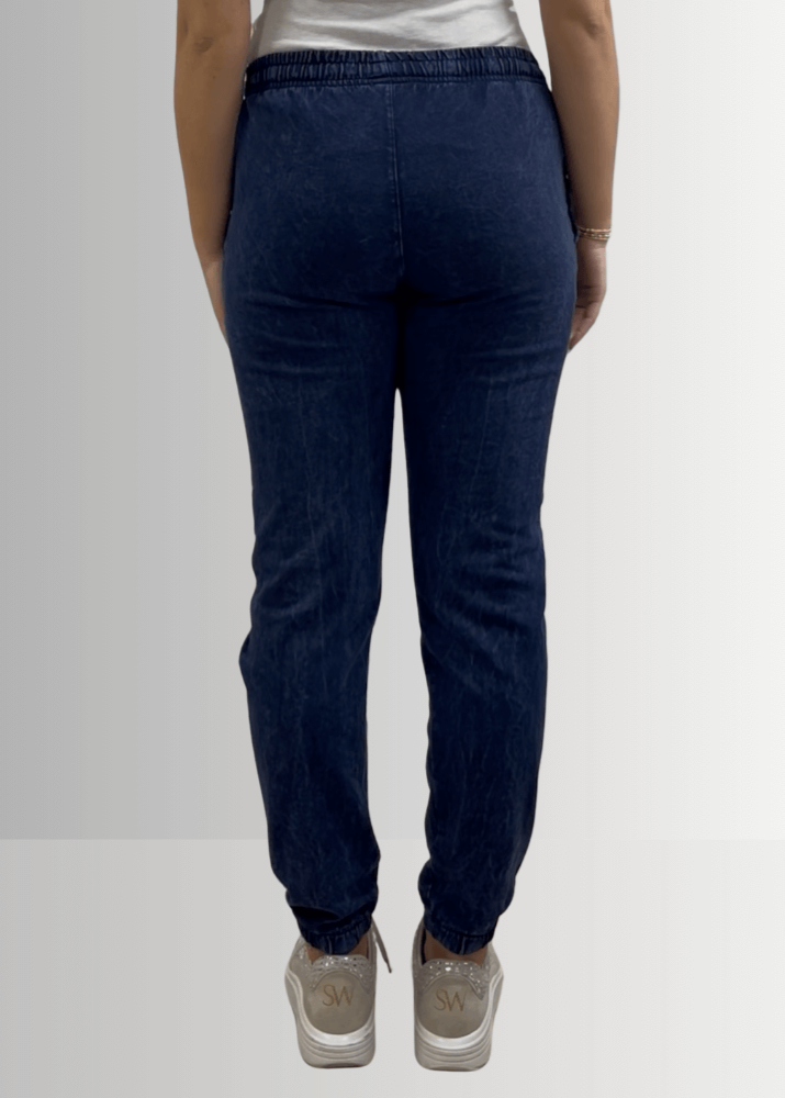USA Made Women's Casual Cotton French Terry Mineral Washed Dark Denim Blue Joggers with Side Pockets and Drawstring Waist | Classy Cozy Cool Made in America Boutique