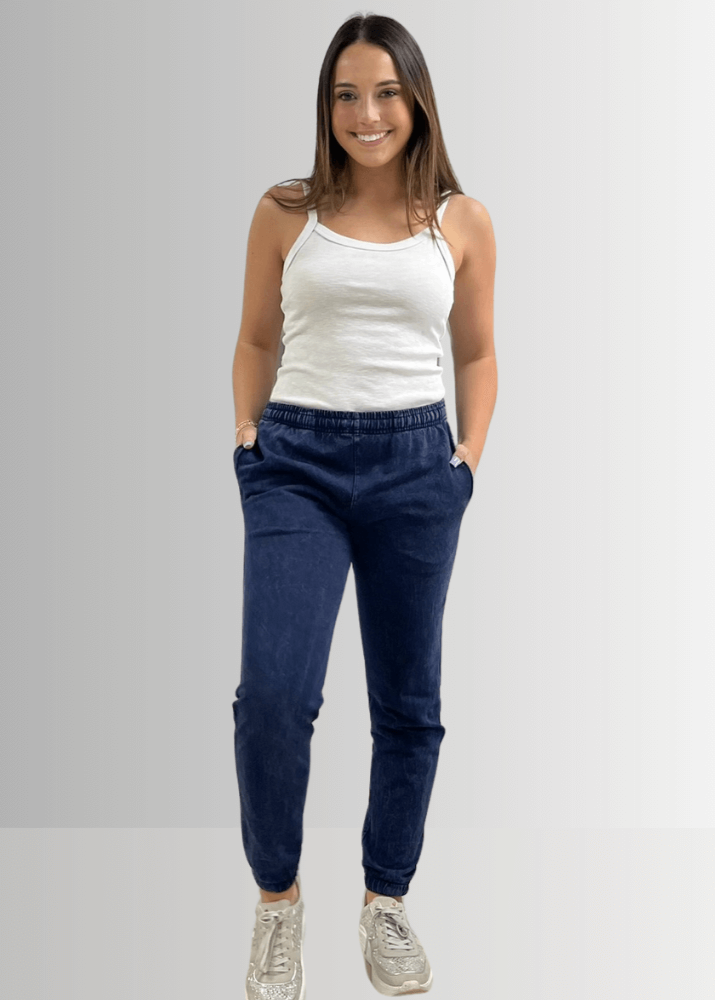 USA Made Women's Casual Cotton French Terry Mineral Washed Dark Denim Blue Joggers with Side Pockets and Drawstring Waist | Classy Cozy Cool Made in America Boutique