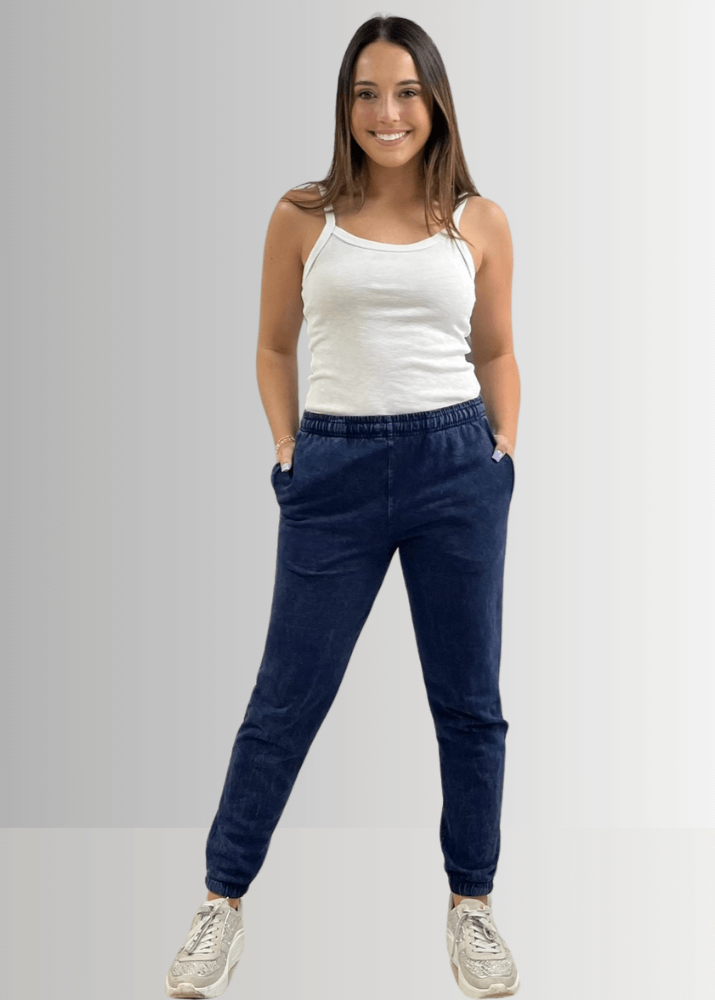 USA Made Women's Casual Cotton French Terry Mineral Washed Dark Denim Blue Joggers with Side Pockets and Drawstring Waist | Classy Cozy Cool Made in America Boutique