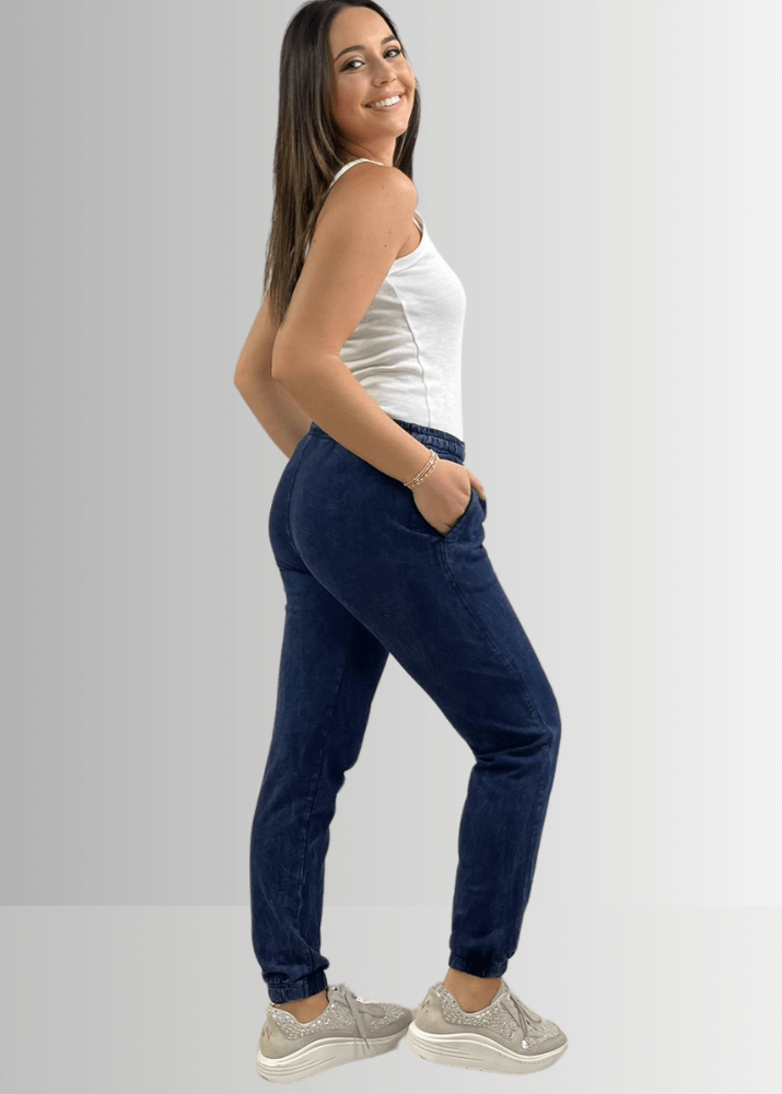 USA Made Women's Casual Cotton French Terry Mineral Washed Dark Denim Blue Joggers with Side Pockets and Drawstring Waist | Classy Cozy Cool Made in America Boutique