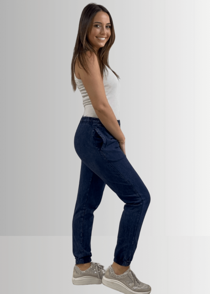 USA Made Women's Casual Cotton French Terry Mineral Washed Dark Denim Blue Joggers with Side Pockets and Drawstring Waist | Classy Cozy Cool Made in America Boutique