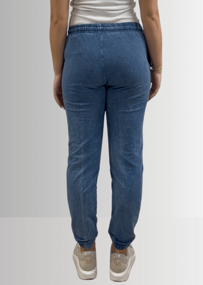 USA Made Women's Casual Cotton French Terry Mineral Washed Light Denim Blue Joggers with Side Pockets and Drawstring Waist | Classy Cozy Cool Made in America Boutique