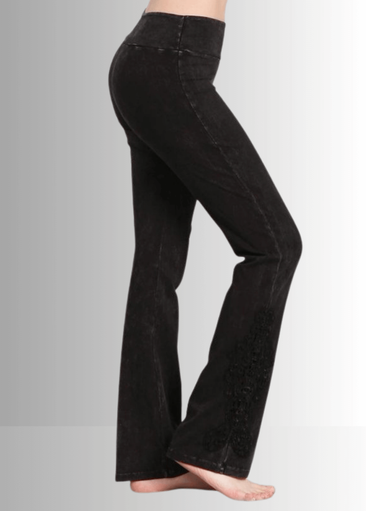 Made in USA Women's Black Boot Cut Jeggings with Crochet Detail Hem Style# C30372 | Classy Cozy Cool  Made in America Boutique