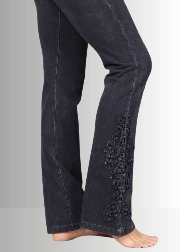 Made in USA Women's Blue Gray Denim Boot Cut Jeggings with Crochet Detail Hem Style# C30372 | Classy Cozy Cool  Made in America Boutique