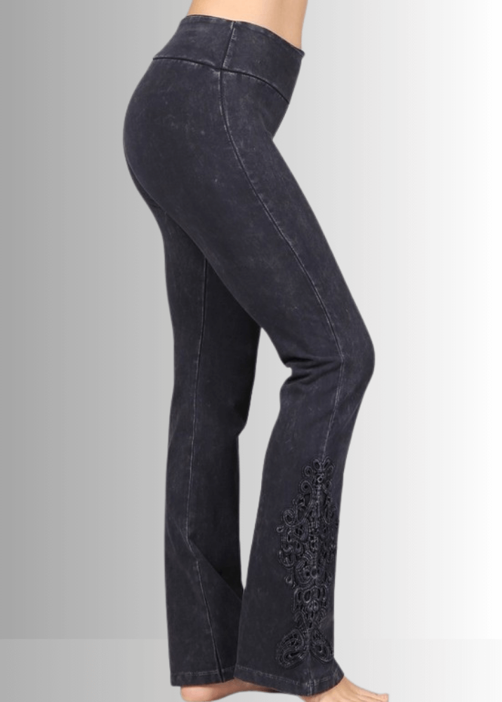 Made in USA Women's Blue Gray Denim Boot Cut Jeggings with Crochet Detail Hem Style# C30372 | Classy Cozy Cool  Made in America Boutique