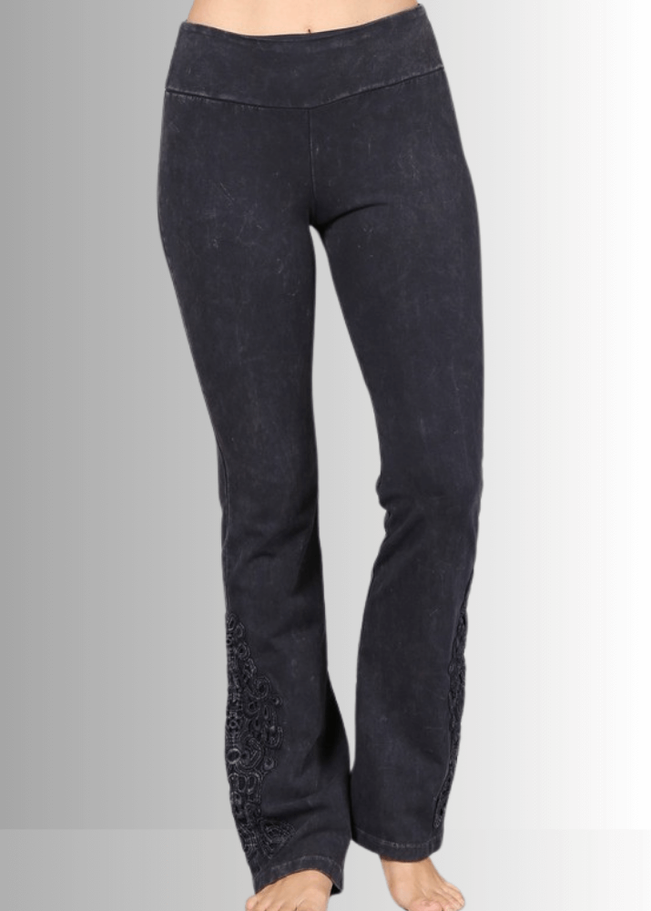 Made in USA Women's Blue Gray Denim Boot Cut Jeggings with Crochet Detail Hem Style# C30372 | Classy Cozy Cool  Made in America Boutique