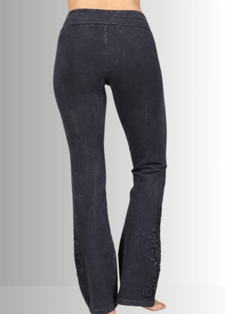 Made in USA Women's Blue Gray Denim Boot Cut Jeggings with Crochet Detail Hem Style# C30372 | Classy Cozy Cool  Made in America Boutique