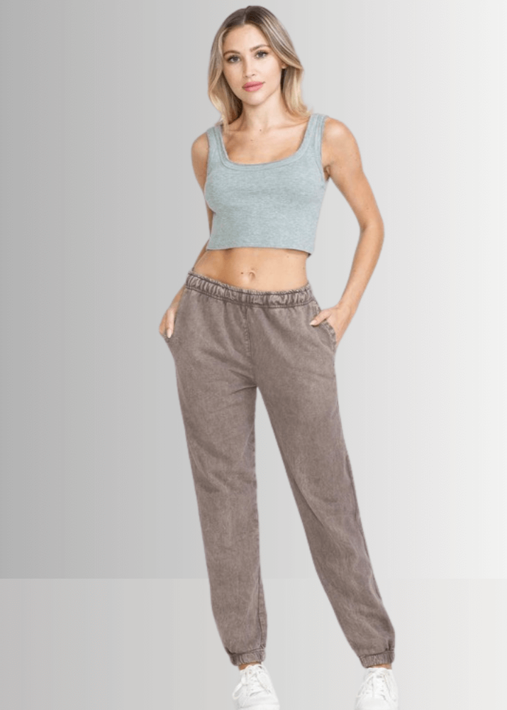 USA Made Women's Casual Cotton French Terry Mineral Washed  Desert Taupe Joggers with Side Pockets and Drawstring Waist | Classy Cozy Cool Made in America Boutique
