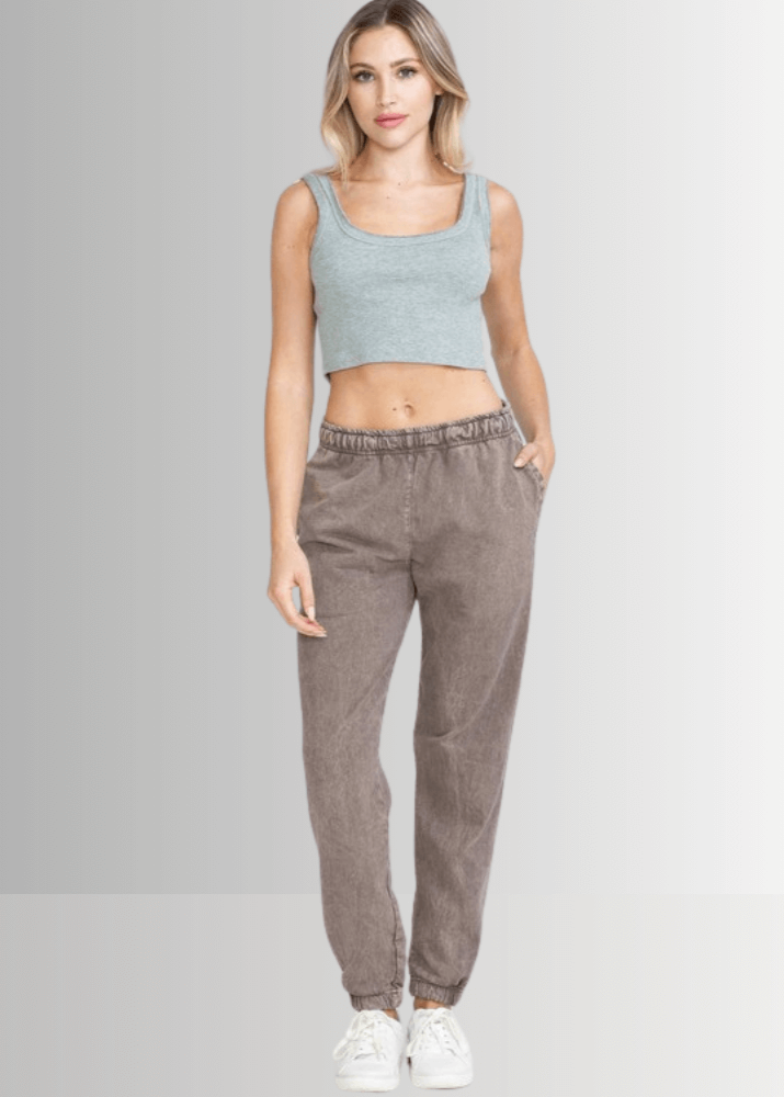 USA Made Women's Casual Cotton French Terry Mineral Washed  Desert Taupe Joggers with Side Pockets and Drawstring Waist | Classy Cozy Cool Made in America Boutique