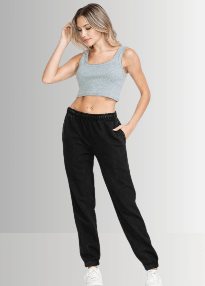 USA Made Women's Casual Cotton French Terry Mineral Washed Black Joggers with Side Pockets and Drawstring Waist | Classy Cozy Cool Made in America Boutique