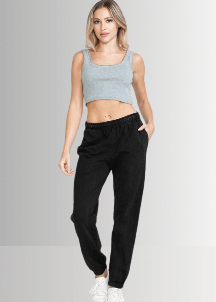 USA Made Women's Casual Cotton French Terry Mineral Washed Black Joggers with Side Pockets and Drawstring Waist | Classy Cozy Cool Made in America Boutique