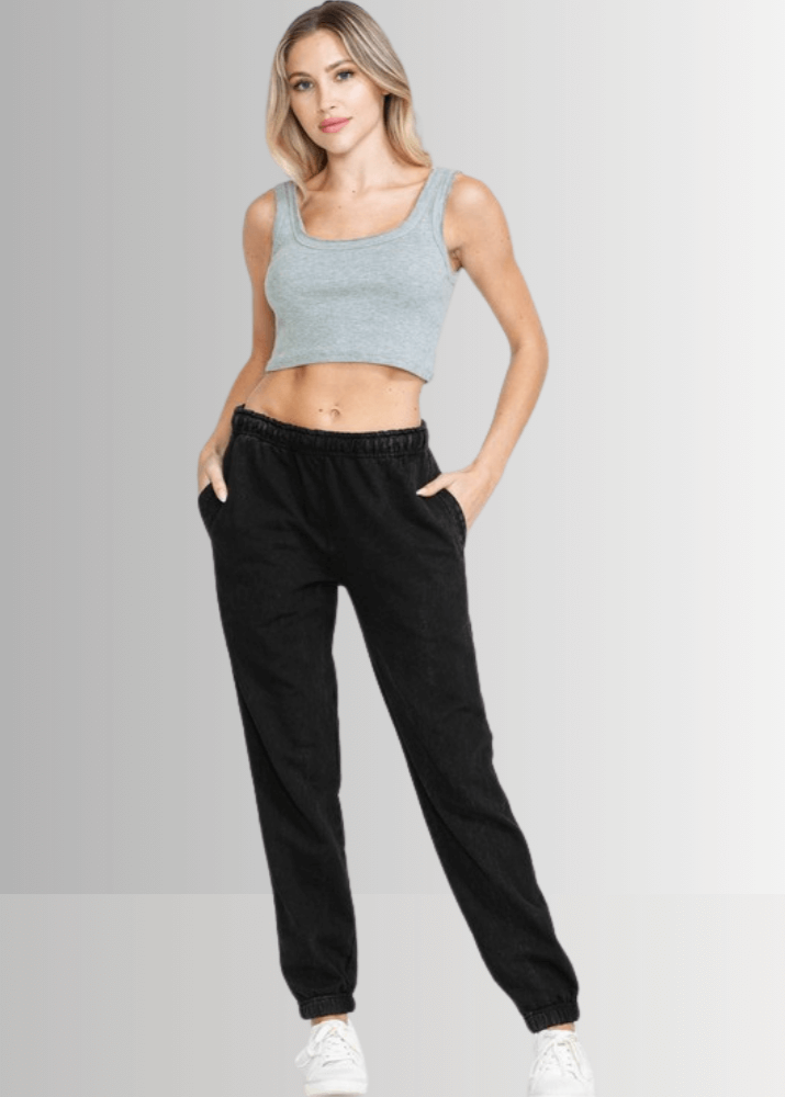USA Made Women's Casual Cotton French Terry Mineral Washed Black Joggers with Side Pockets and Drawstring Waist | Classy Cozy Cool Made in America Boutique