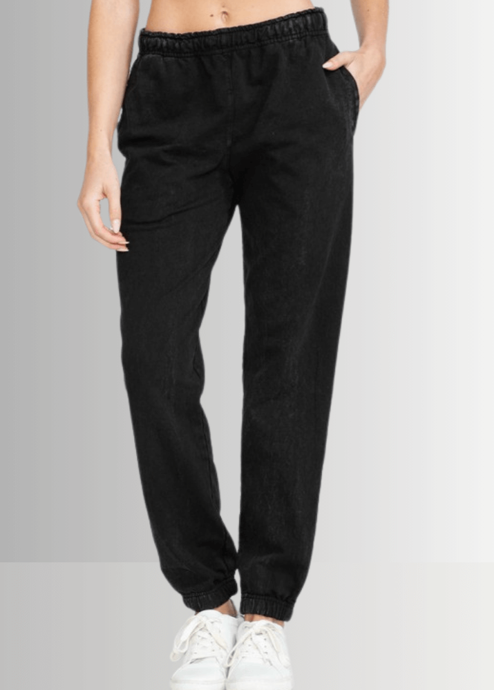 USA Made Women's Casual Cotton French Terry Mineral Washed Black Joggers with Side Pockets and Drawstring Waist | Classy Cozy Cool Made in America Boutique