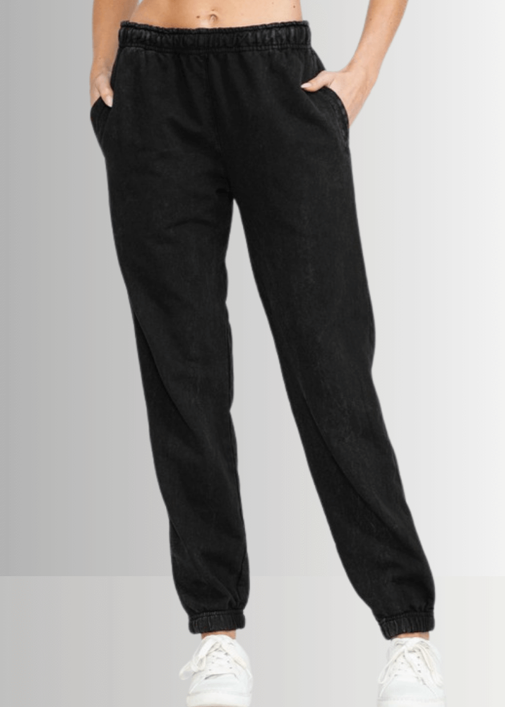 USA Made Women's Casual Cotton French Terry Mineral Washed Black Joggers with Side Pockets and Drawstring Waist | Classy Cozy Cool Made in America Boutique