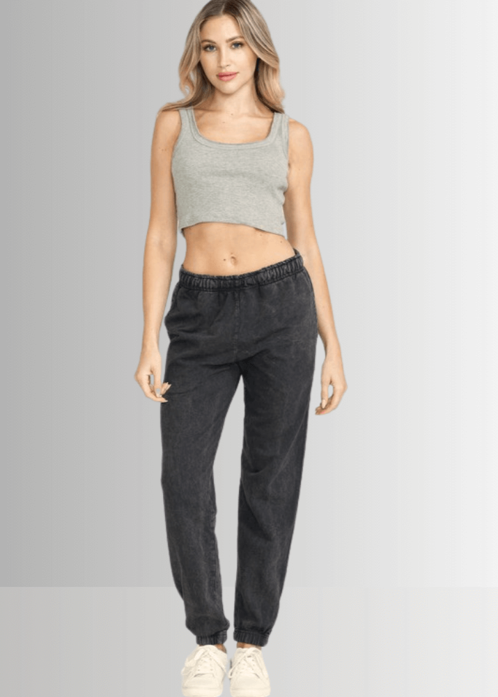 USA Made Women's Casual Cotton French Terry Mineral Washed Dark Ash Grey Joggers with Side Pockets and Drawstring Waist | Classy Cozy Cool Made in America Boutique