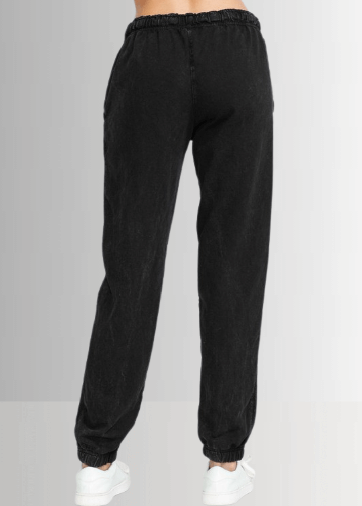 USA Made Women's Casual Cotton French Terry Mineral Washed Black Joggers with Side Pockets and Drawstring Waist | Classy Cozy Cool Made in America Boutique