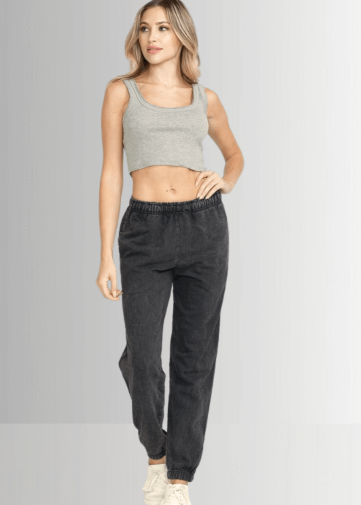 USA Made Women's Casual Cotton French Terry Mineral Washed Dark Ash Grey Joggers with Side Pockets and Drawstring Waist | Classy Cozy Cool Made in America Boutique