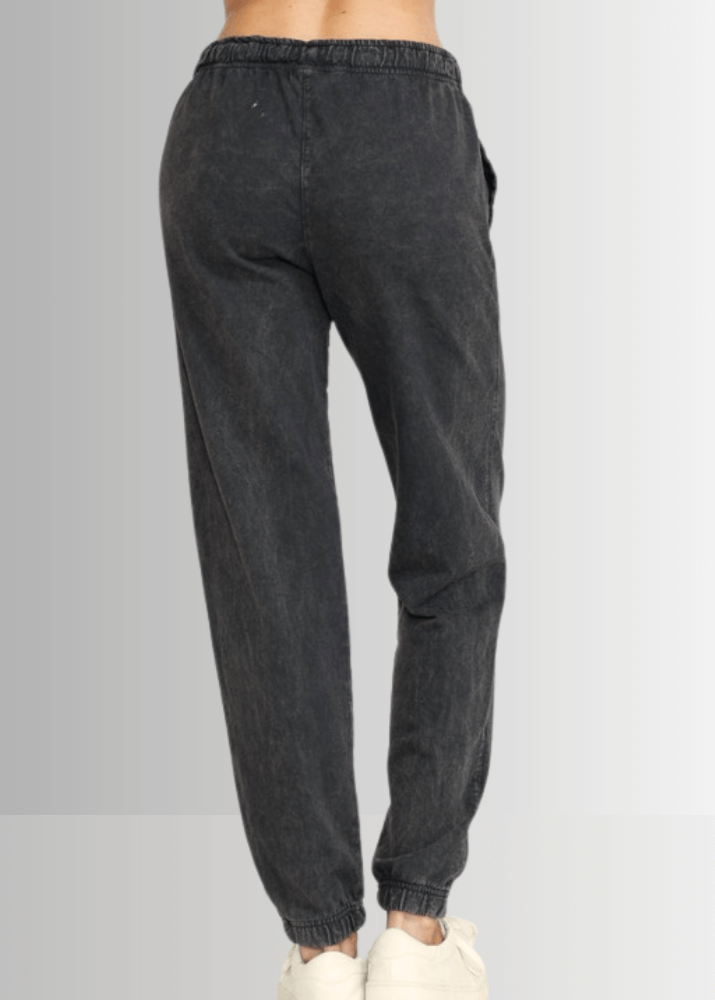 USA Made Women's Casual Cotton French Terry Mineral Washed Dark Ash Grey Joggers with Side Pockets and Drawstring Waist | Classy Cozy Cool Made in America Boutique