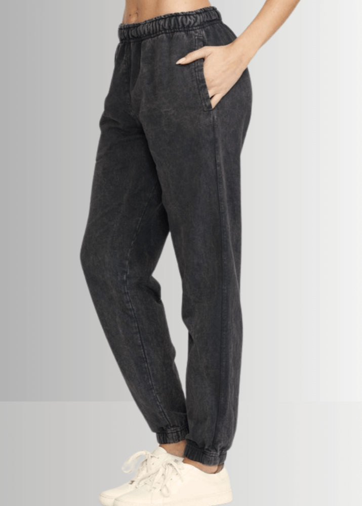 USA Made Women's Casual Cotton French Terry Mineral Washed Dark Ash Grey Joggers with Side Pockets and Drawstring Waist | Classy Cozy Cool Made in America Boutique