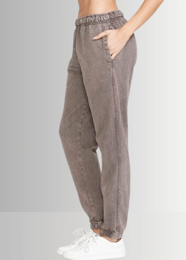 USA Made Women's Casual Cotton French Terry Mineral Washed  Desert Taupe Joggers with Side Pockets and Drawstring Waist | Classy Cozy Cool Made in America Boutique