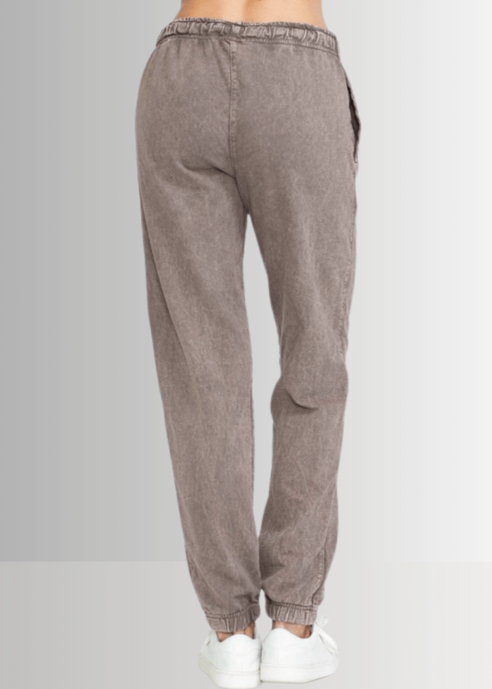 USA Made Women's Casual Cotton French Terry Mineral Washed  Desert Taupe Joggers with Side Pockets and Drawstring Waist | Classy Cozy Cool Made in America Boutique