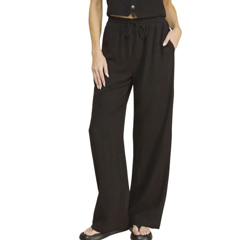 Black USA Made Linen Blend Bootcut Pants with Pockets - Relaxed Fit Drawstring & Elastic Waist Side | Classy Cozy Cool Women's American Boutique