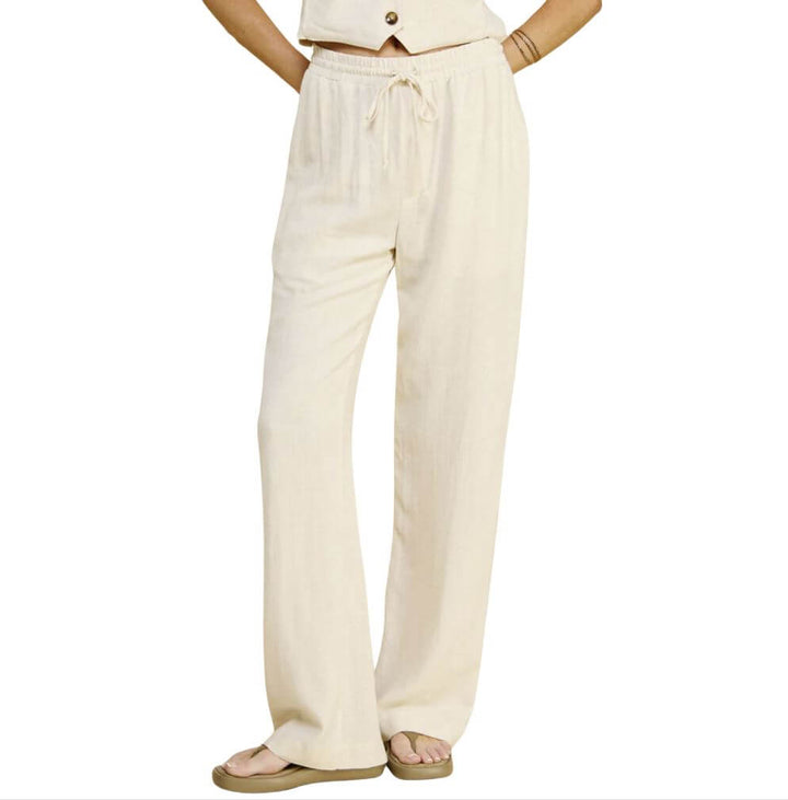 USA Made Linen Blend Bootcut Pants with Pockets - Relaxed Fit Drawstring & Elastic Waist Side | Classy Cozy Cool Women's American Boutique