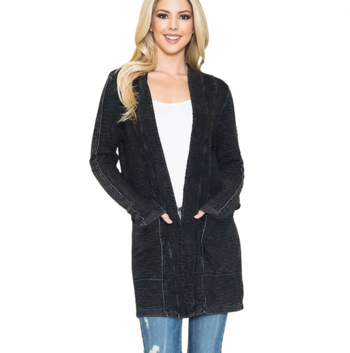 USA Made Women's Garment Dyed Vintage Washed Open Front Textured Cardigan in Black | American Able Style# 418108 | Classy Cozy Cool Made in America Clothing Boutique
