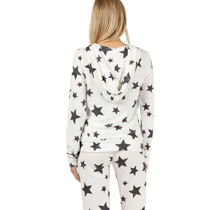 Made in USA Super Soft Loungewear Set Includes Zip Up Hoodie & Joggers with Stars Design in Off White with Charcoal Black Stars | Classy Cozy Cool Women's Made in America Clothing Boutique