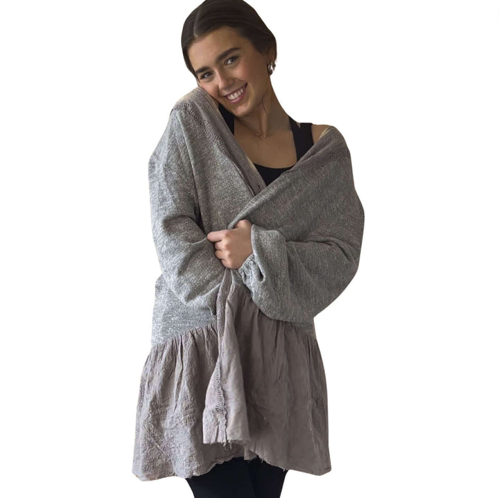 Jaded Gypsy Star Destination Button Down Lace Detail Sweater Cardigan in 2-Tone Grey | Bohemian Sweater Cardigan Made In USA