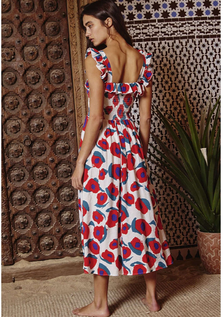 Bucket List Style# D4043A | Ruffled Smocked Bodice Floral Midi Dress in Red, White, Purple & Teal | Made in USA | Classy Cozy Cool Women's Made in America Boutique