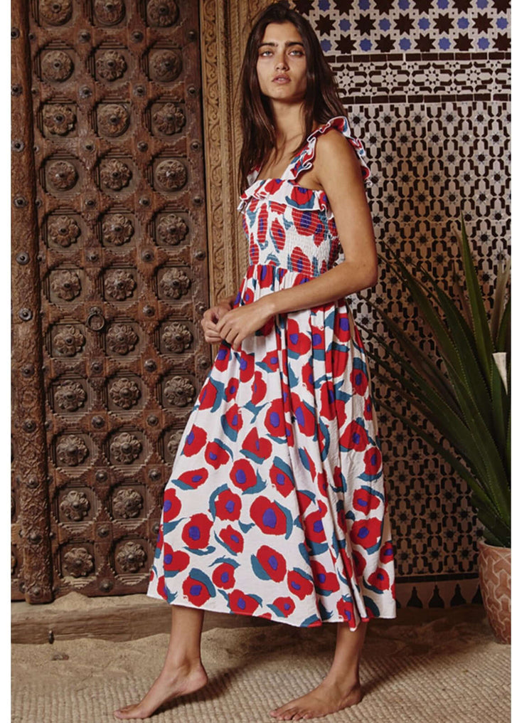 Bucket List Style# D4043A | Ruffled Smocked Bodice Floral Midi Dress in Red, White, Purple & Teal | Made in USA | Classy Cozy Cool Women's Made in America Boutique