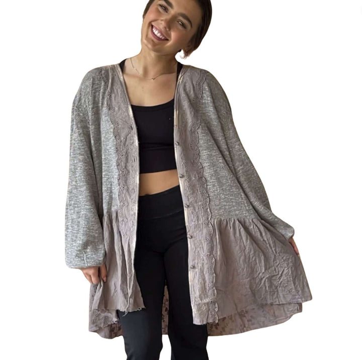 Jaded Gypsy Star Destination Button Down Lace Detail Sweater Cardigan in 2-Tone Grey | Bohemian Sweater Cardigan Made In USA