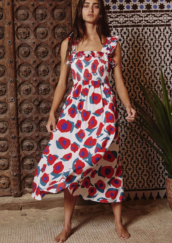 Bucket List Style# D4043A | Ruffled Smocked Bodice Floral Midi Dress in Red, White, Purple & Teal | Made in USA | Classy Cozy Cool Women's Made in America Boutique