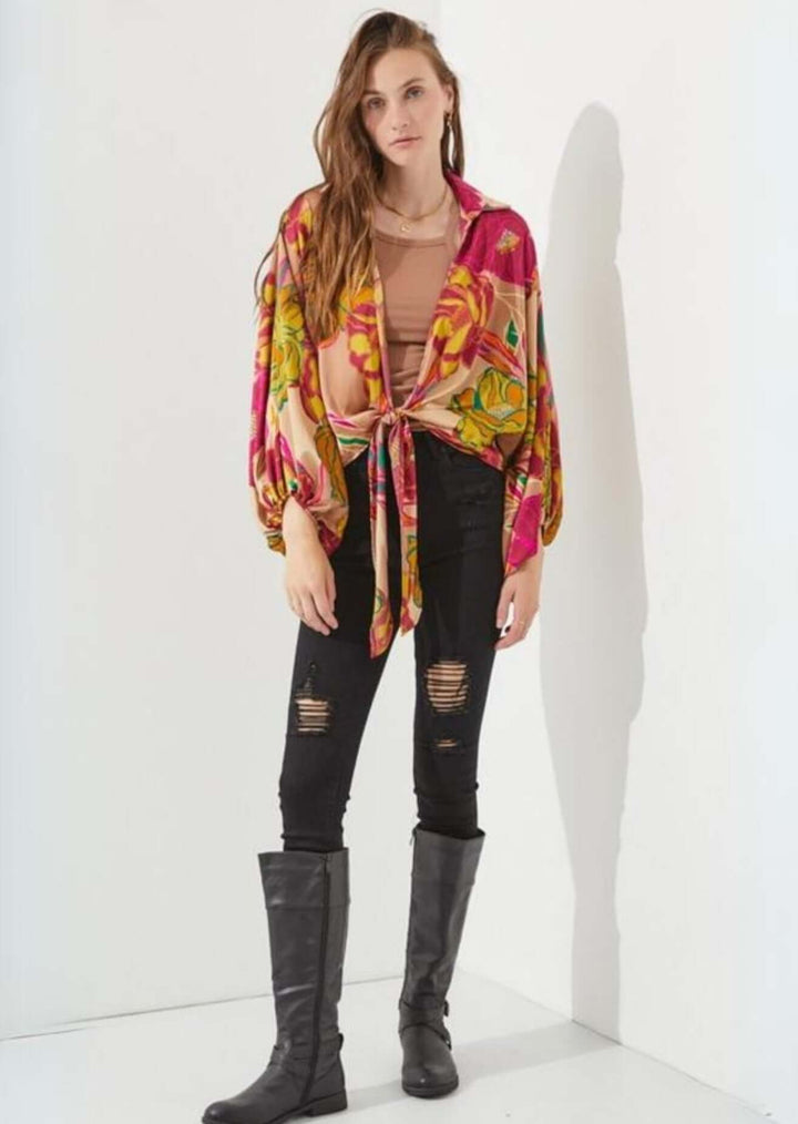 Made in USA Women's Tie Front Floral Kimono Cardigan with Puff Sleeves in Taupe, Fuchsia, Mustard & Green Floral Pattern | Classy Cozy Cool Women's Made in America Boutique