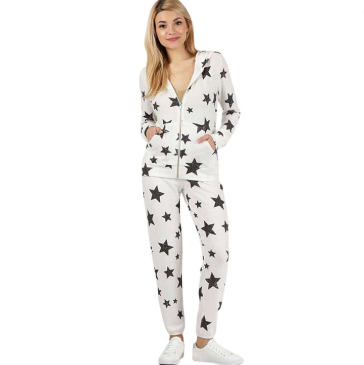 Made in USA Super Soft Loungewear Set Includes Zip Up Hoodie & Joggers with Stars Design in Off White with Charcoal Black Stars | Classy Cozy Cool Women's Made in America Clothing Boutique