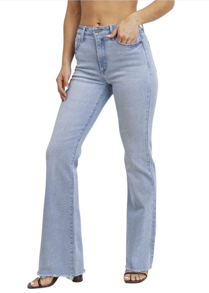 Just Black Denim Style# BP333J | Women's Fall Flare Light Denim Jeans with Scissor Cut Hem | Made in USA | Classy Cozy Cool Women's Made in America Clothing Boutique