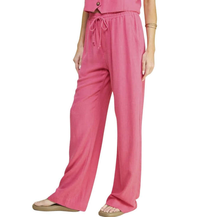 USA Made Linen Blend Bootcut Pants with Pockets in Fuchsia - Relaxed Fit Drawstring & Elastic Waist Side | Classy Cozy Cool Women's American Boutique