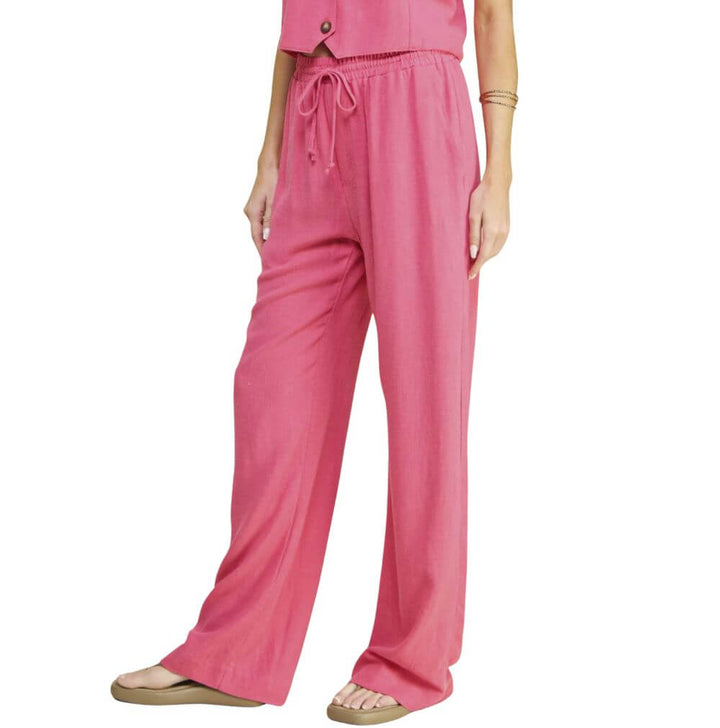 USA Made Linen Blend Bootcut Pants with Pockets in Fuchsia - Relaxed Fit Drawstring & Elastic Waist Side | Brand: If She Loves Style# ISP1235L | Made in America Boutique