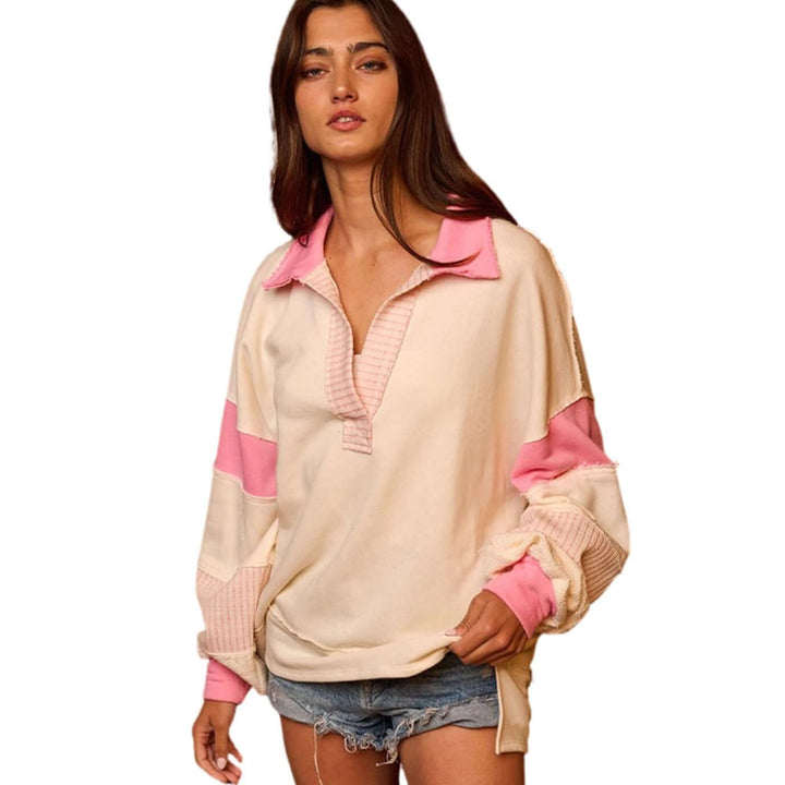 Brand: Bucket List Style# T2004 | Oversized Ladies French Terry Color Block Sweatshirt with Collar in Pink & Cream | Made in USA | Classy Cozy Cool Women's Made in America Clothing Boutique