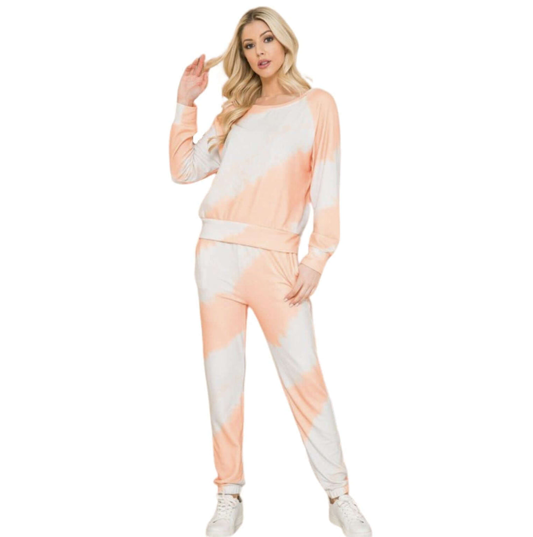 Made in USA Super Soft Loungewear Pajama Set Includes Top & Joggers with in Off White & Light Coral | Classy Cozy Cool Women's Made in America Clothing Boutique