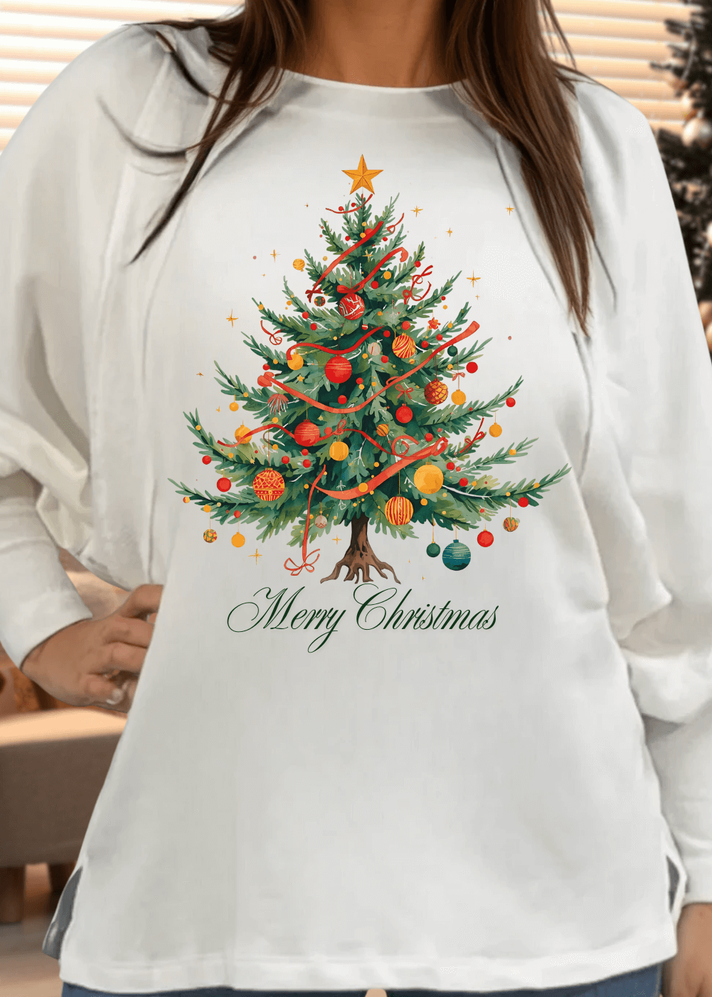 Deck the halls in festive style with this women's playful Colorful Christmas Tree Graphic Sweatshirt. Crafted in the USA from soft, stretchy French terry fabric, this oversized beauty features dramatic dolman bubble sleeves and a relaxed boat neckline for effortless comfort.
