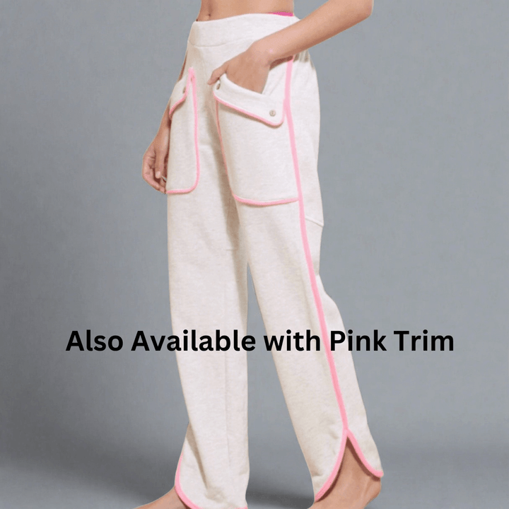 Bucket List Fashion Clothing Style# P5420 | Women's  Patch Pocket Wide Leg Sweat Pants Made in USA in Grey & Pink | Classy Cozy Cool Made in America Boutique