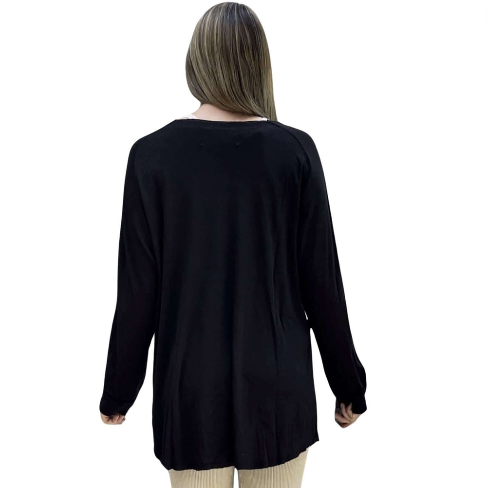 USA Made Women's Long Line Slouchy Cotton & Modal Lightweight Cardigan in Black | Classy Cozy Cool Ladies Made in America Clothing Boutique