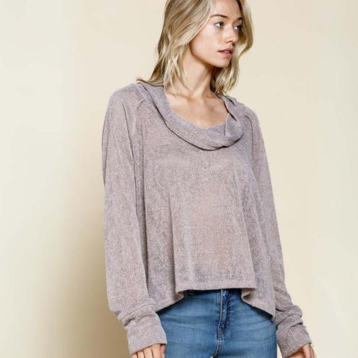 Made in USA Women's Low Gauge Sheer Lightweight Long Sleeve Slouchy Cowl Neck Knit Top in Mauve or Mocha | Classy Cozy Cool Made in America Boutique