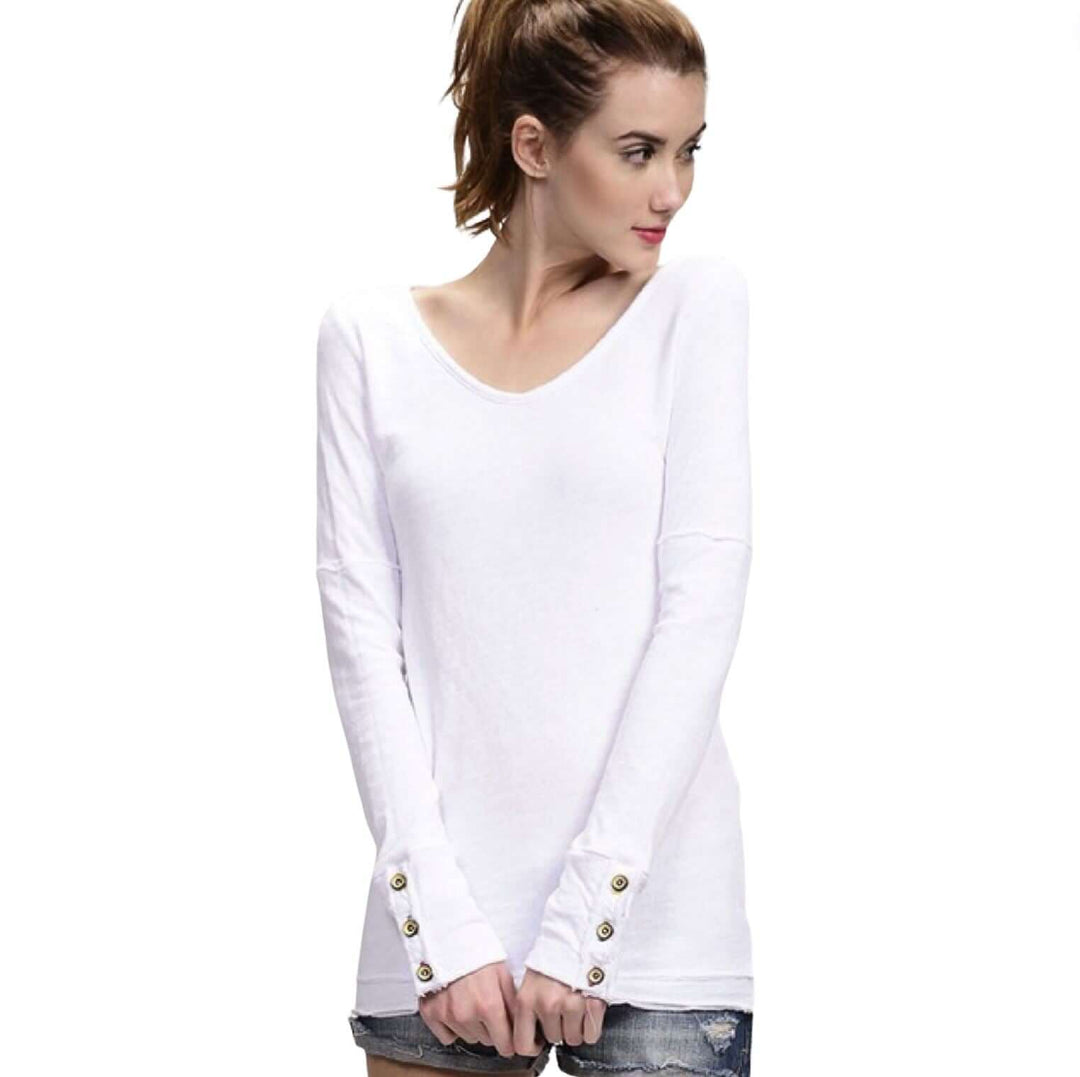 USA Made Women's Fitted Double Layer Cotton Raw Edge Long Sleeve Top With Wooden Button Cuffs in White | Classy Cozy Cool Women's Made in America Clothing Boutique