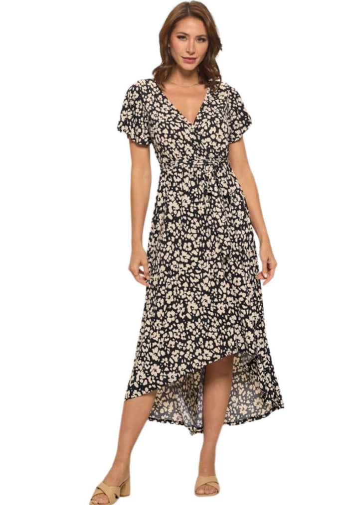 USA Made Ladies High Low Black & Tan Floral V-Neck Maxi Dress With Flutter Sleeves | Classy Cozy Cool Women's Made in America Boutique